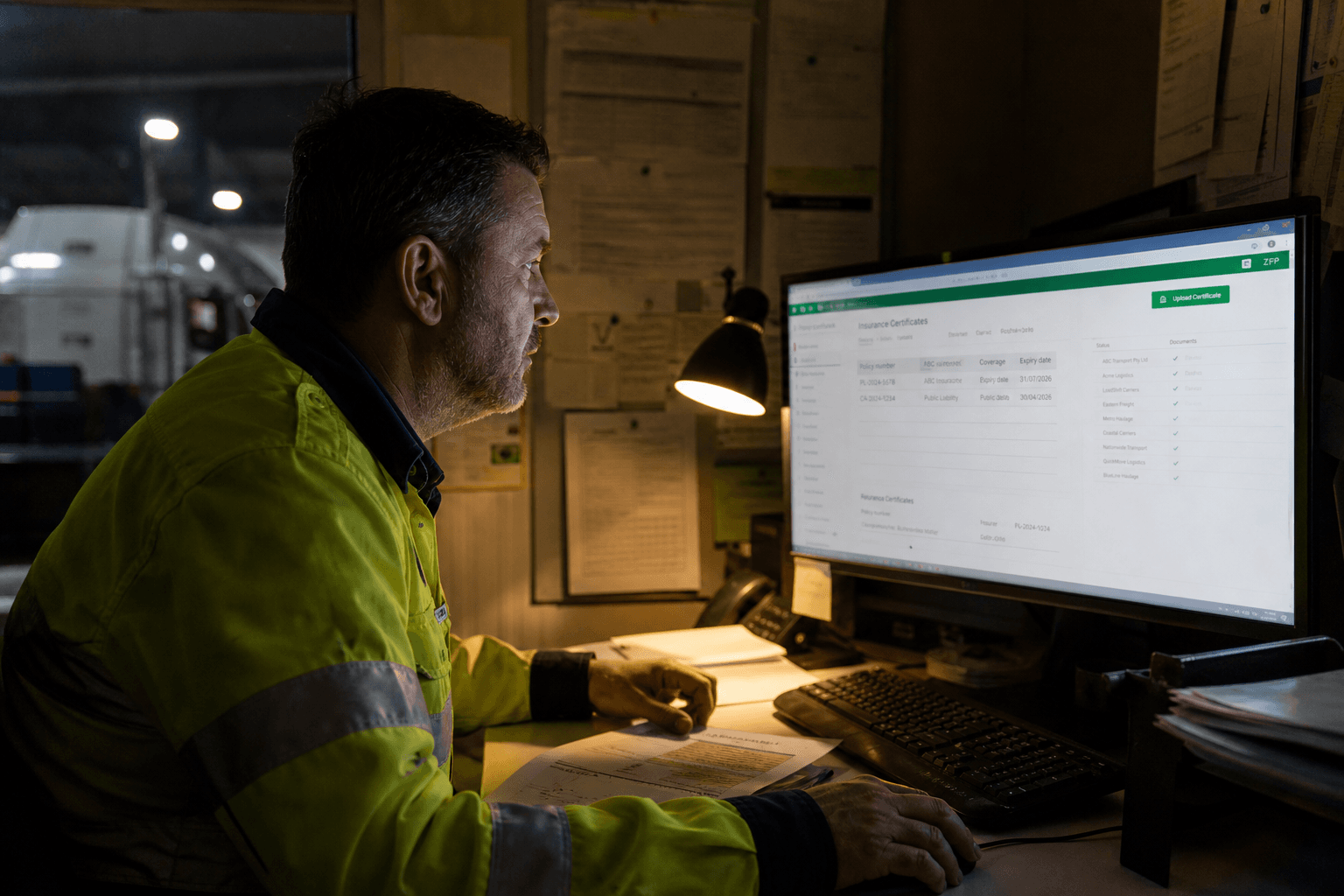 Side profile of a logistics office worker reviewing documents on a computer screen in a dimly lit depot office at night.