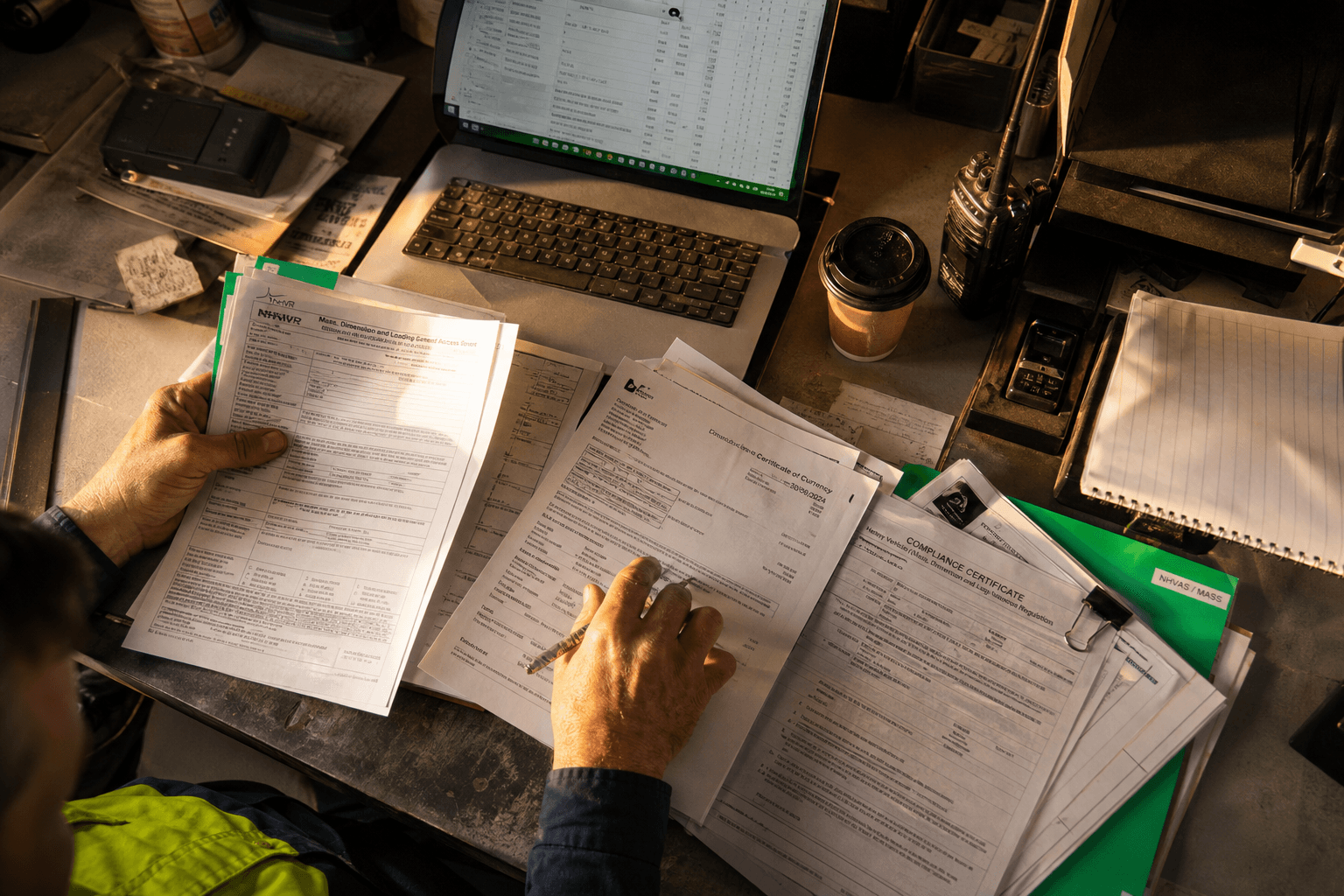 Overhead view of a desk covered with paperwork, folders, and a laptop showing spreadsheet data, with a worker's hands sorting documents in warm afternoon light.